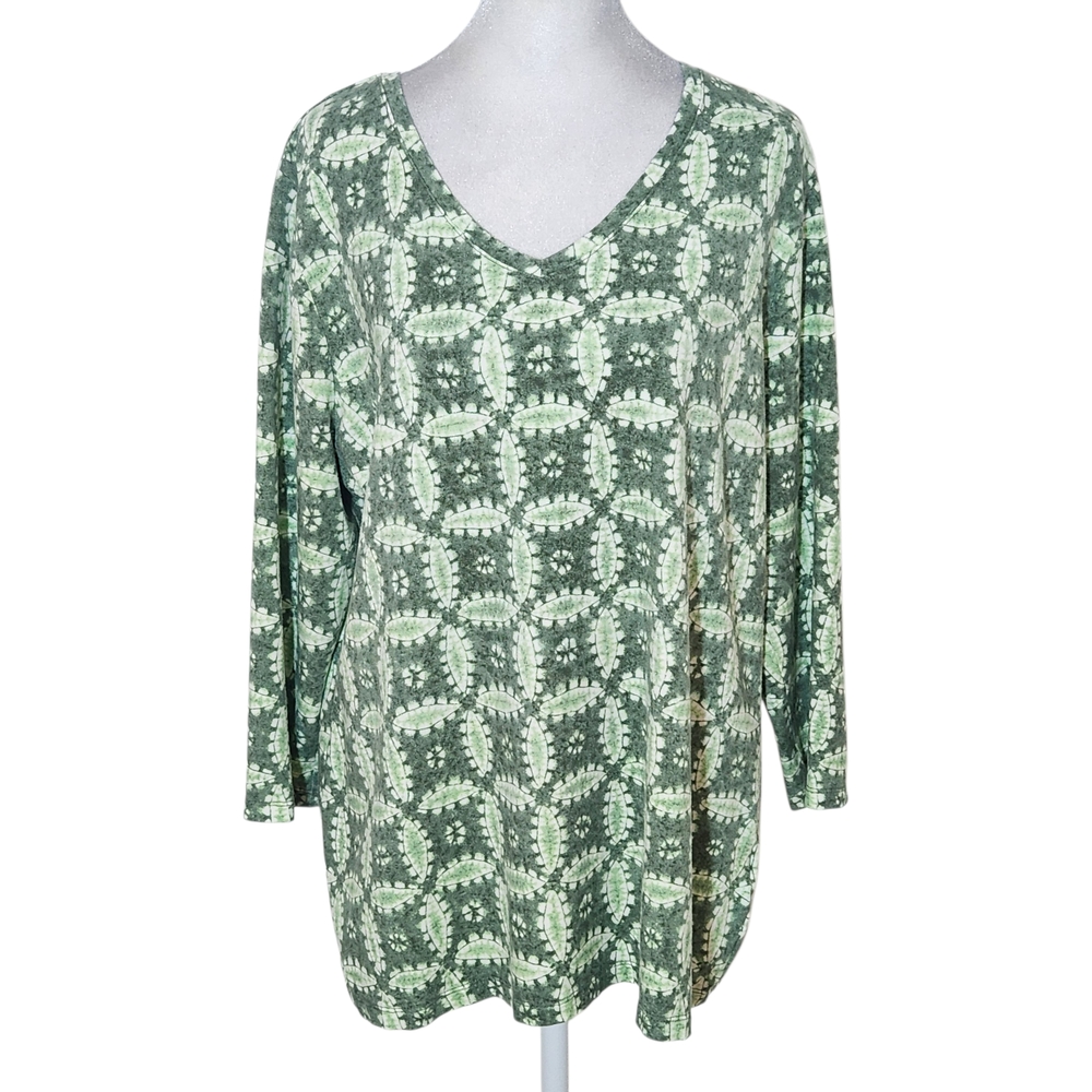 Isaac Mizrahi Green Boho Print V-Neck Tee 3/4 Sleeves Size Large